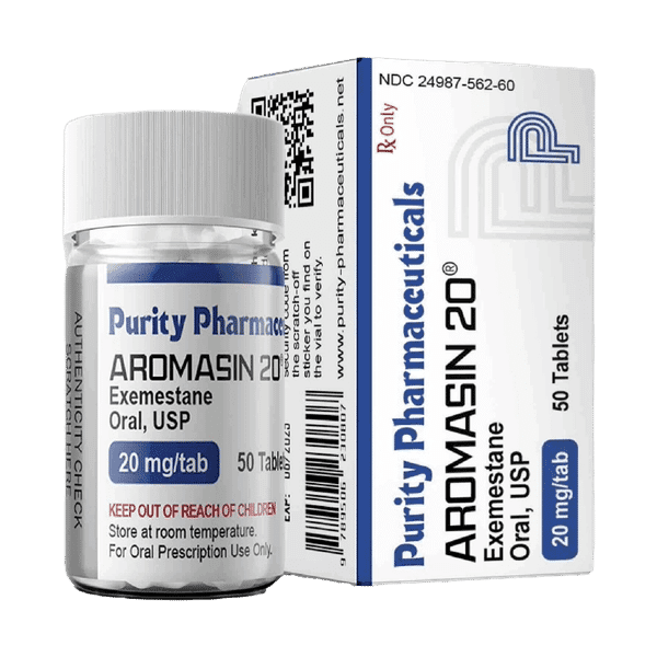 Doosje met een potje Aromasin 20 mg van Purity Pharmaceuticals, een aromataseremmer voor het verlagen van oestrogeenniveaus.