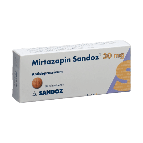 Afbeelding van een doosje Mirtazapine 30 mg van Sandoz, een medicijn voor de behandeling van depressie en angststoornissen.