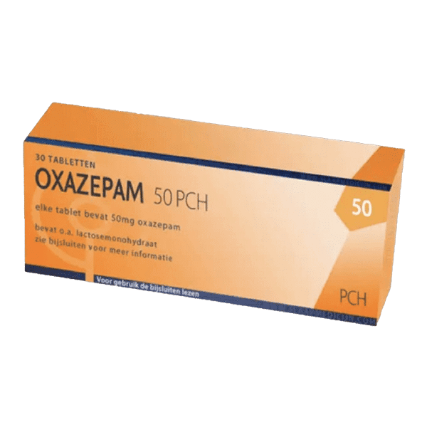 Afbeelding van een doosje Oxazepam 50 mg van PCH, een medicijn voor de behandeling van angst, spanning en slaapproblemen.