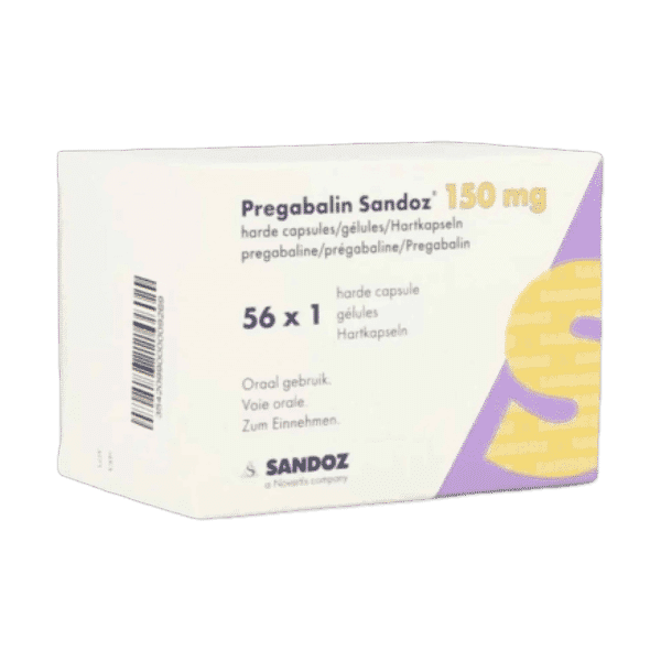 Afbeelding van een doosje Pregabaline 150 mg van Sandoz, een medicijn voor de behandeling van neuropathische pijn, angststoornissen en epilepsie.