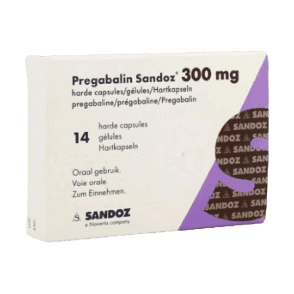 Afbeelding van een doosje Pregabaline 300 mg van Sandoz, een medicijn voor de behandeling van zenuwpijn, angststoornissen en epilepsie.