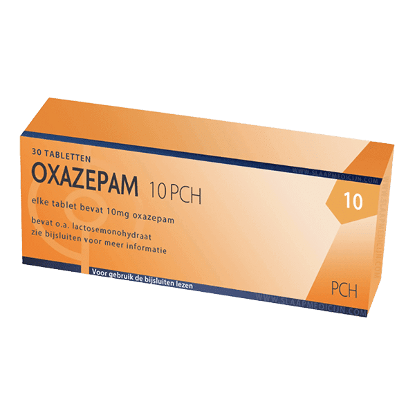 Afbeelding van een doosje Oxazepam 10 mg van PCH, een medicijn voor de behandeling van milde angst, spanning en slaapstoornissen.