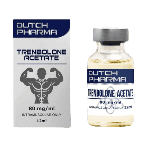 Doosje met Trenbolone Acetate van Dutch Pharma, inclusief een glazen vial met professionele anabole steroïde.