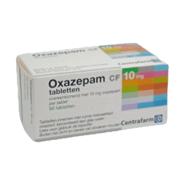 Afbeelding van een doosje Oxazepam 10 mg van Centrafarm, een kalmeringsmiddel voor de behandeling van milde angst, spanning en slaapstoornissen.