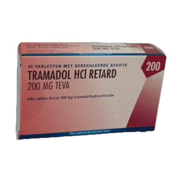 Afbeelding van een doosje Tramadol 200 mg retard van Teva, een krachtige pijnstiller met vertraagde afgifte voor langdurige pijnbestrijding.