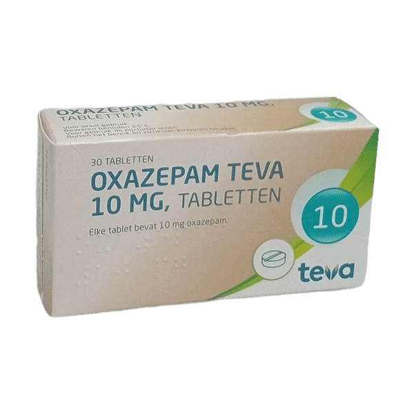 Afbeelding van een doosje Oxazepam 10 mg van Teva, een kalmeringsmiddel voor de behandeling van angst en slaapproblemen.