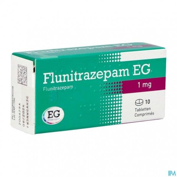 Afbeelding van het doosje Flunitrazepam 1 mg, een benzodiazepine gebruikt voor de behandeling van ernstige slapeloosheid.