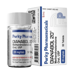 Doosje met een potje Dianabol 20 mg van Purity Pharmaceuticals, een krachtige anabole steroïde voor spiermassa en kracht.