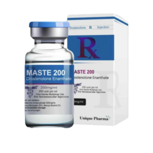 Doosje met een vial Masteron Enanthate van Unique Pharma, een krachtige anabole steroïde voor spierdefinitie en kracht.