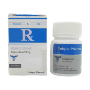 Afbeelding van een doosje en een potje Roaccutane van Unique Pharma, een medicijn met isotretinoïne voor de behandeling van ernstige acne.
