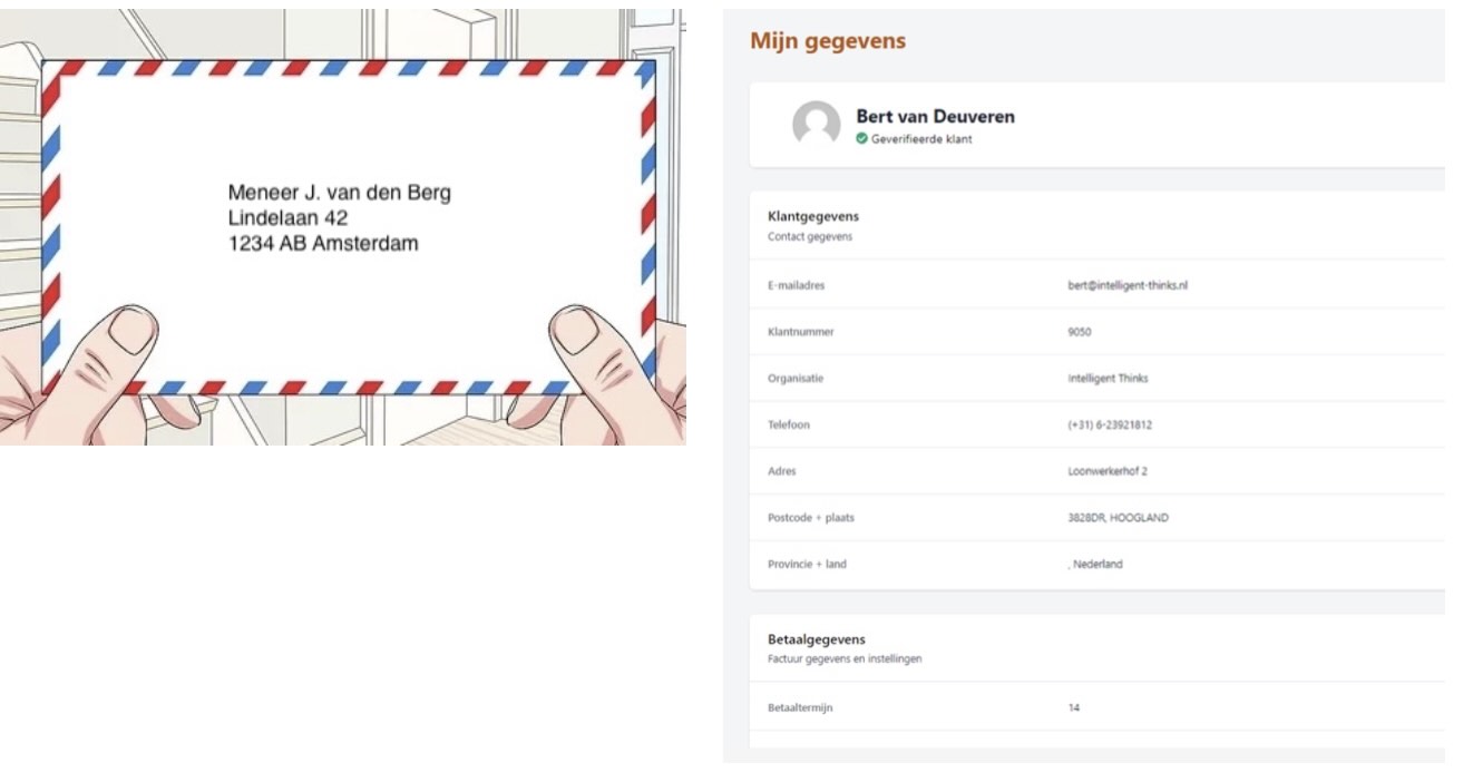 Afbeelding ter illustratie van eenmalige verificatie met foto van geadresseerde envelop en printscreen van app met naam en adresgegevens.