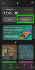 Edge-app openen en “Deposit” selecteren voor Bitcoin-betaling.
