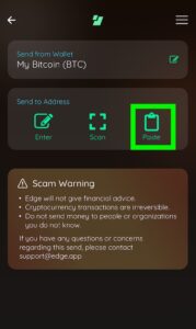 Druk op “Paste” om transactiegegevens in te voegen in de Edge-app voor Bitcoin-betaling.